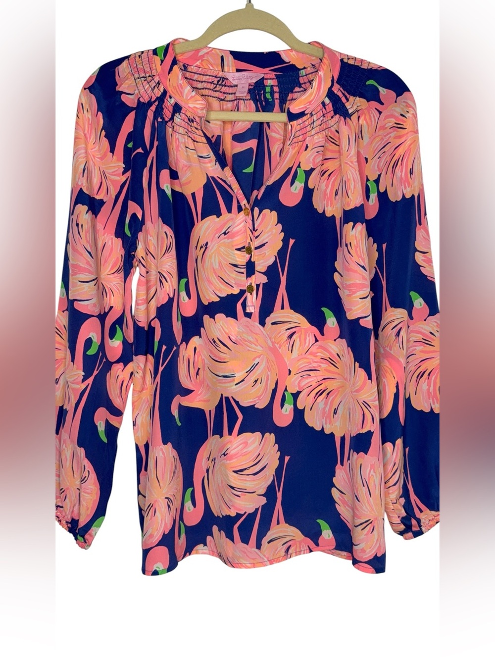 Lily Pulitzer Elsa 100% Silk Blouse Gimme Some Leg Resort Flamingo Medium